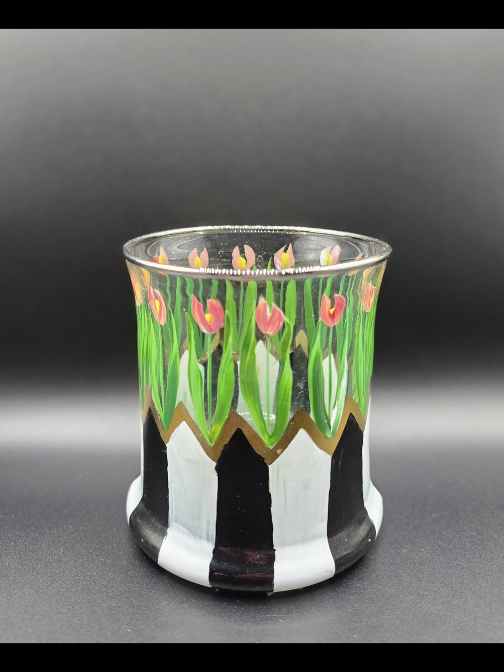 🌷VTG MacKenzie-Childs Circus Tulip Hand Painted Glass Tumbler Retired